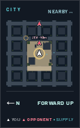 Nearby map: white player arrow, red opponent arrows, nearest rival label and distance