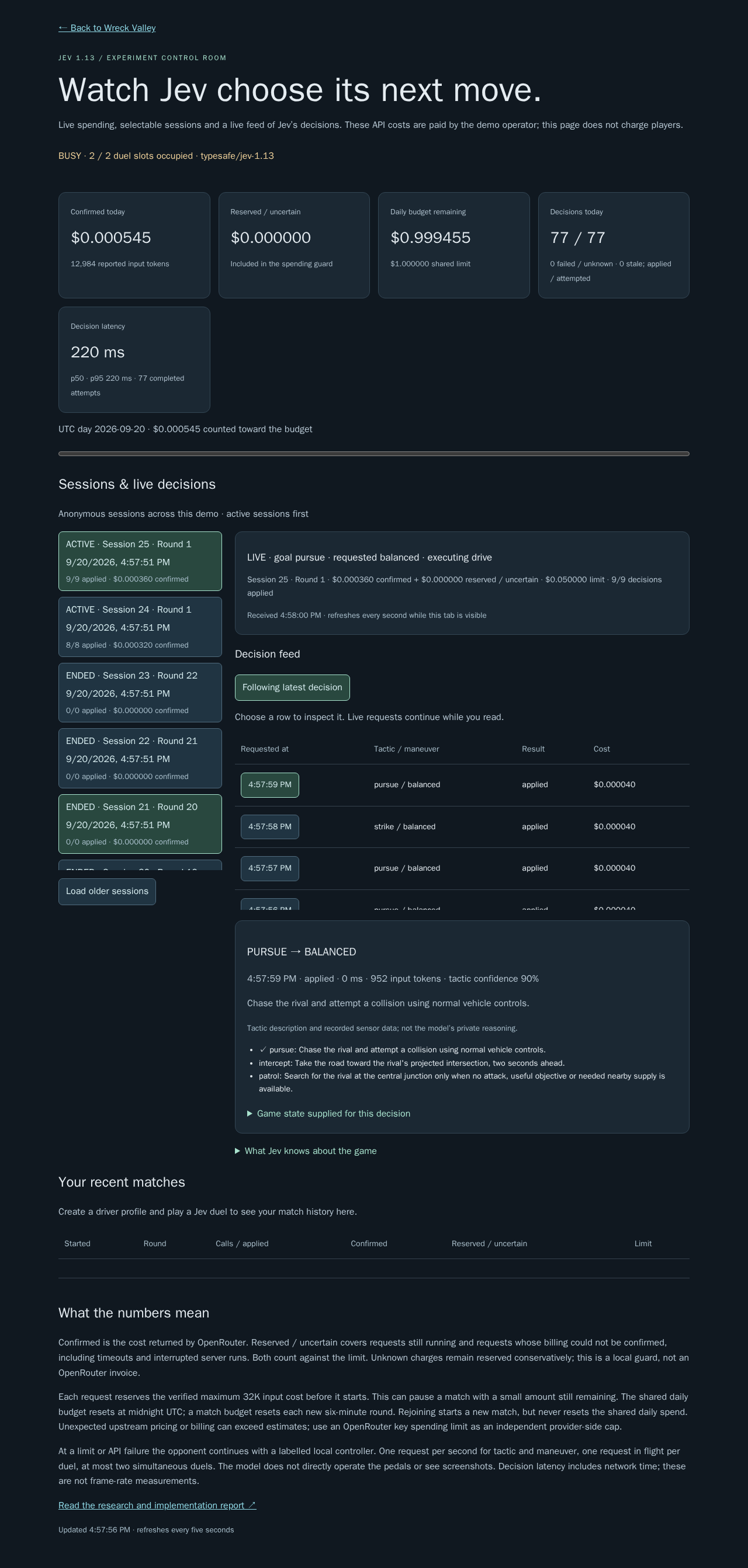 Session monitor with active session list, costs, live driving status and decision details